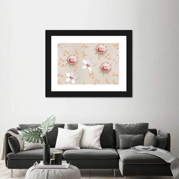 3d Stylized Pink Roses and White Flowers Canvas Wall Art