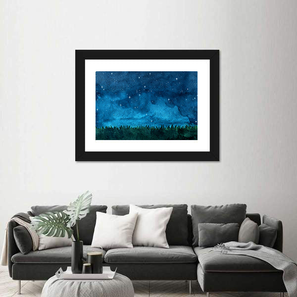 Grassy Horizon Under Night Sky Canvas Wall Art