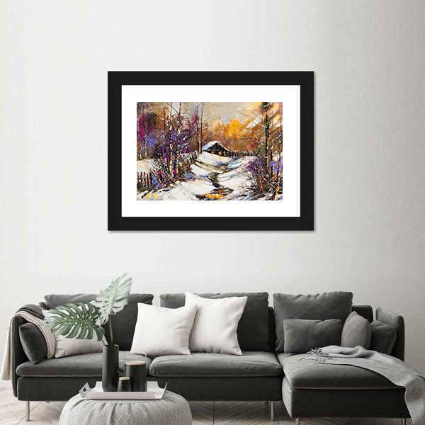 Rural Winter Landscape with Cabin Canvas Wall Art