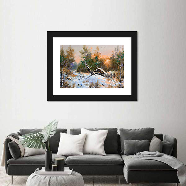 Snowy Cabin in Winter Forest Canvas Wall Art