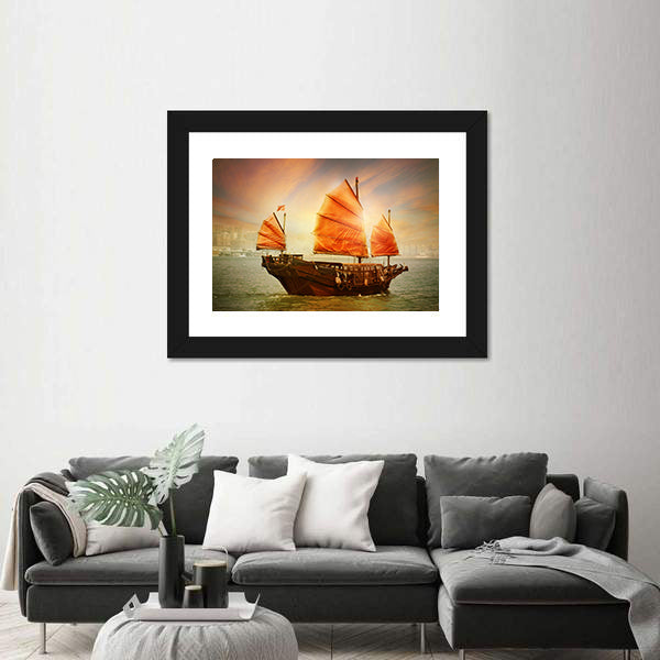 Chinese Junk Boat at Sunset Canvas Wall Art