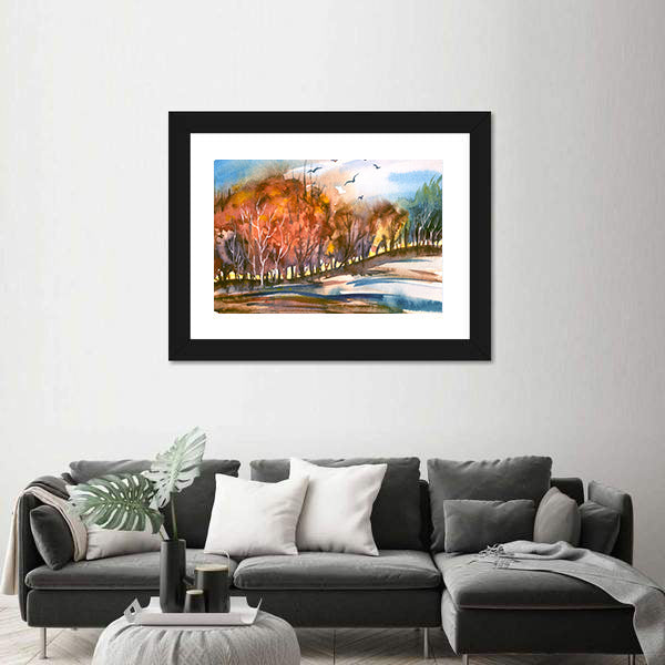 Autumn Lakeside Tree Line Canvas Wall Art