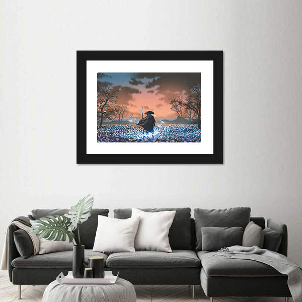 Ancient Samurai in Flowered Meadow Canvas Wall Art