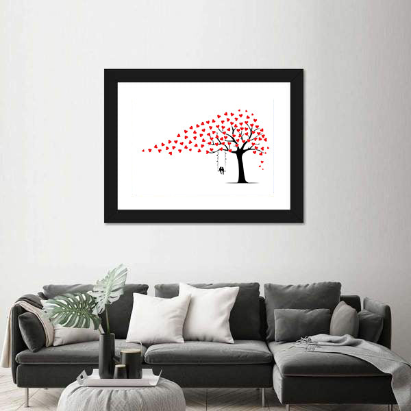 Tree with Heart Leaves and Couple on Swing Canvas Wall Art