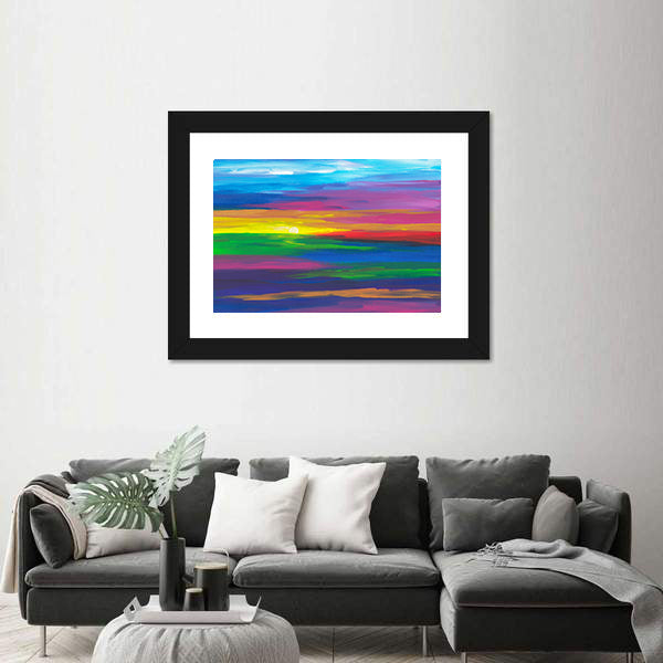 Abstract Sunset Landscape with Impasto Sun Canvas Wall Art