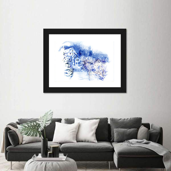 Snow-covered Houses Watercolor Landscape Canvas Wall Art
