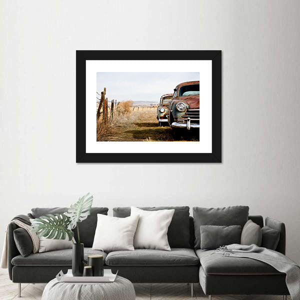 Rusty Vintage Cars in Rural Field Canvas Wall Art