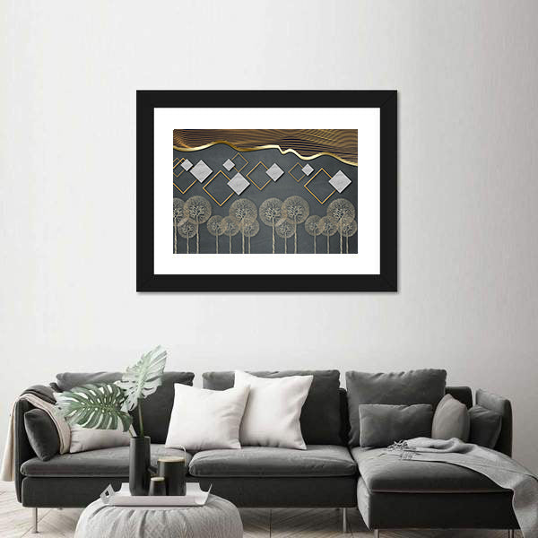 Geometric Trees with Gold Wave and Marble Diamonds Canvas Wall Art
