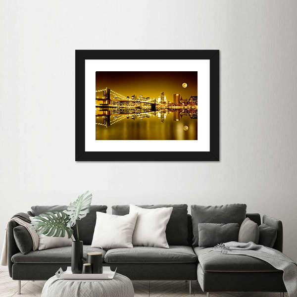 Moonlit Brooklyn Bridge and Lower Manhattan Canvas Wall Art
