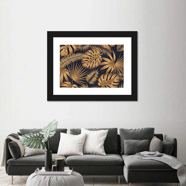 Golden Monstera and Palm Leaves Canvas Wall Art