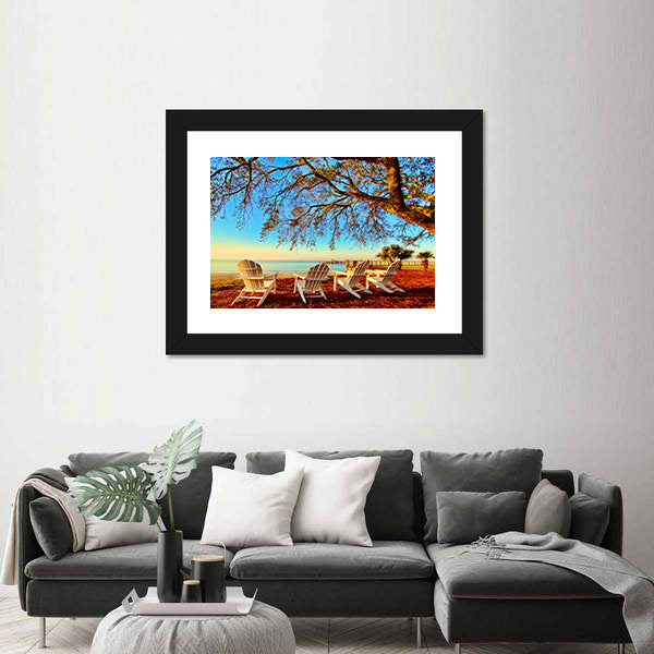 Four White Adirondack Chairs at Sunset Canvas Wall Art