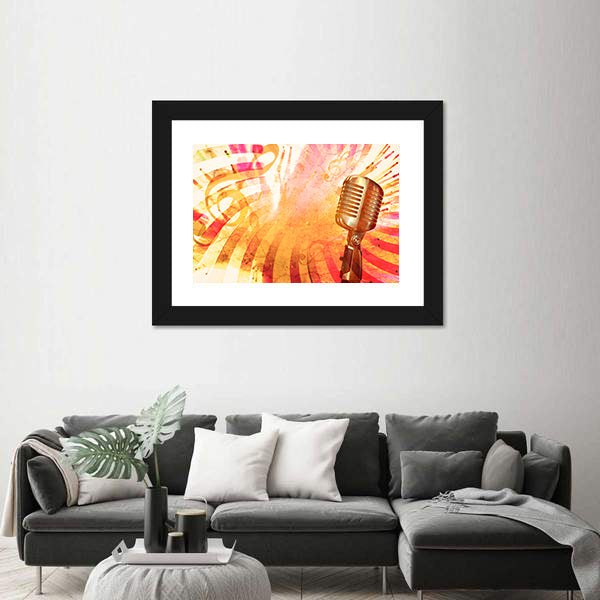 Retro Microphone with Musical Notes Canvas Wall Art