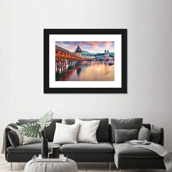 Old Wooden Chapel Bridge Kapellbrucke In Switzerland Canvas Wall Art