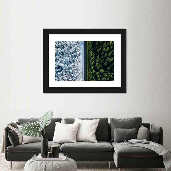 Highway Road Through Forest In Summer And Winter Canvas Wall Art