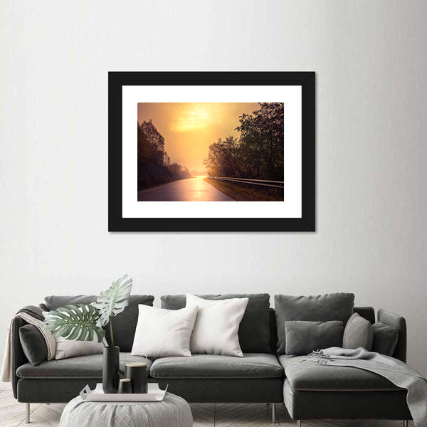 Windy Road Among The Forest At Sunset Canvas Wall Art