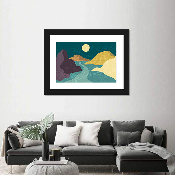 Teal and Purple Moonlit Mountain Abstract Canvas Wall Art