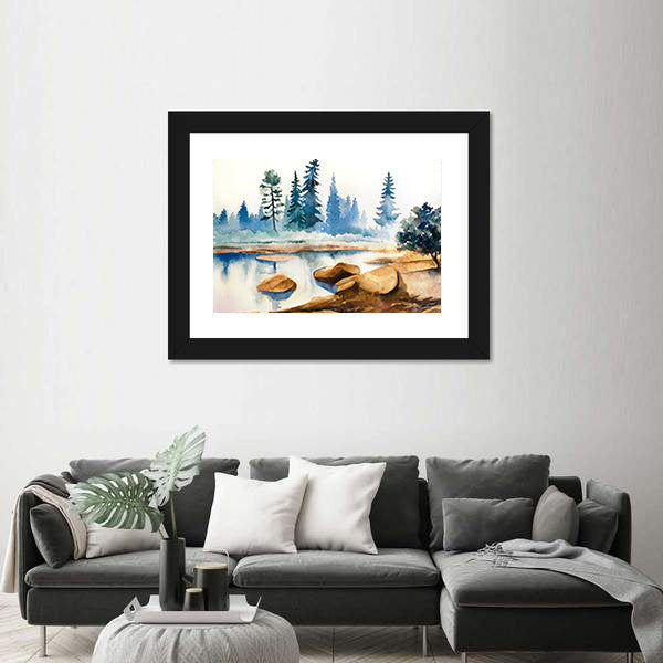 Watercolor Lake Landscape Canvas Wall Art