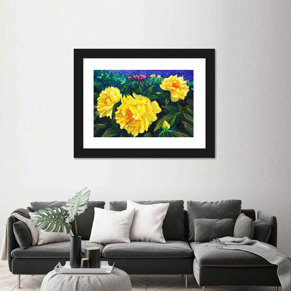 Blooming Yellow Peonies with Textured Blue Background Canvas Wall Art