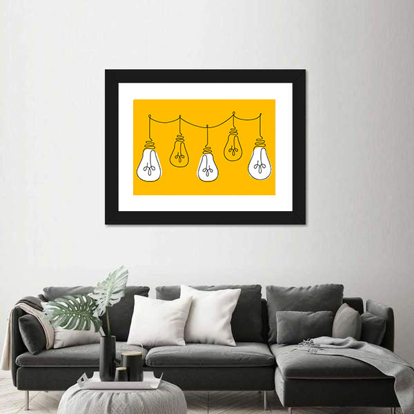 Five Light Bulbs Line on Yellow Canvas Wall Art