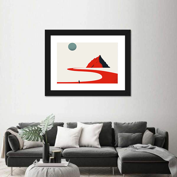 Solitary Figure on Red Path to Geometric Mountain Canvas Wall Art