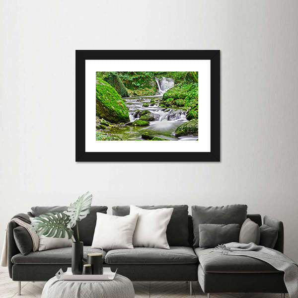 Tranquil Forest Stream And Waterfall Canvas Wall Art