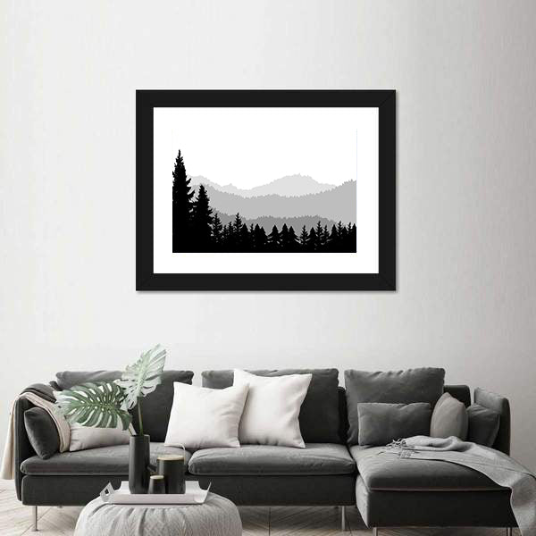 Monochrome Mountain Ranges with Pine Silhouettes Canvas Wall Art