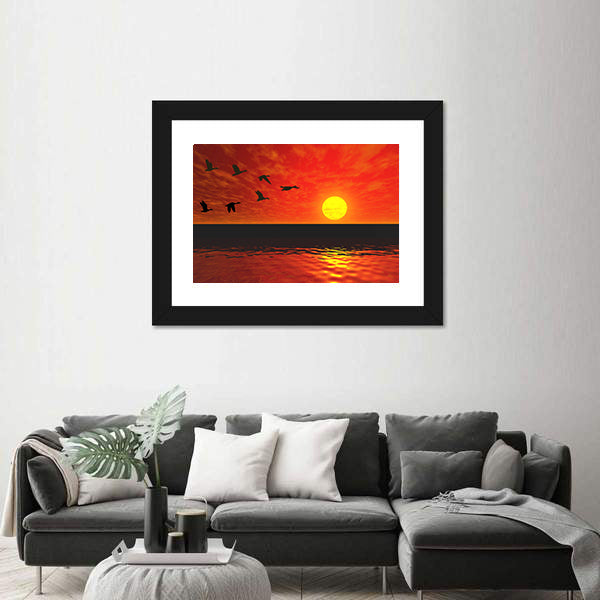 Flying Ducks At Sunset Canvas Wall Art