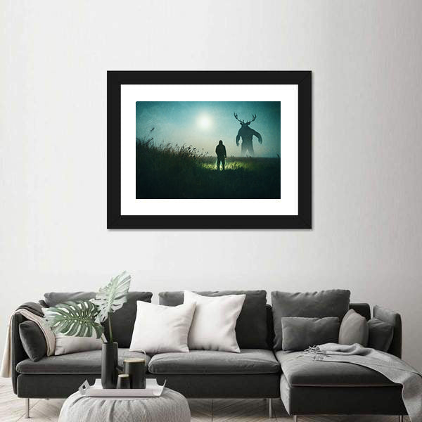 Alone Man Against Mysterious Monster Canvas Wall Art