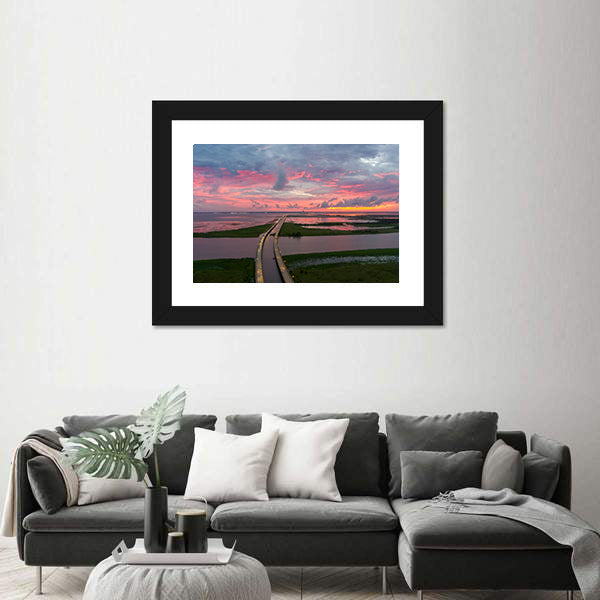 Sunset Over Coastal Bridge Canvas Wall Art