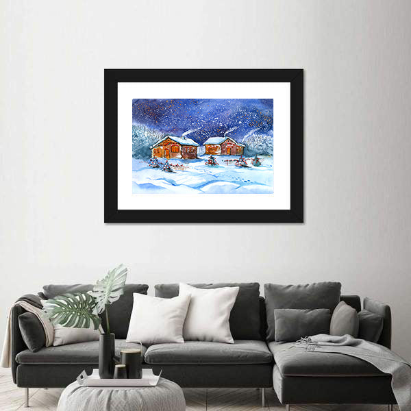 Two Winter Cottages Under Starry Night Canvas Wall Art