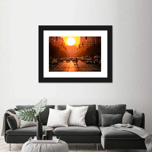 Sunset City Street with Scooter Canvas Wall Art
