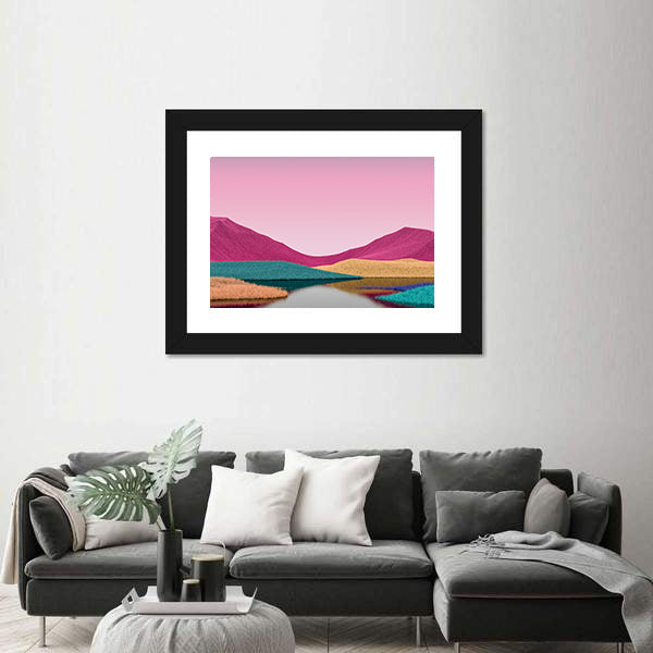 Surreal Pink Mountains with Reflective Lake Canvas Wall Art