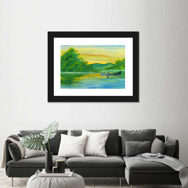 Peaceful Watercolor Lake With Boat Canvas Wall Art