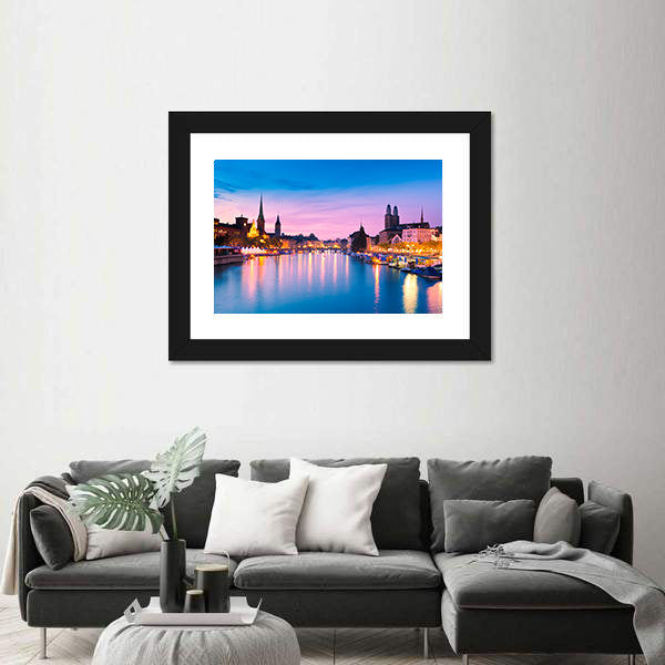 Zurich Skyline At Blue Hour In Switzerland Canvas Wall Art