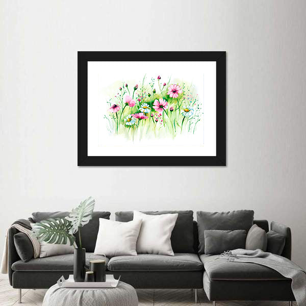 Pink Cosmos and White Daisies Meadow Canvas Wall Art