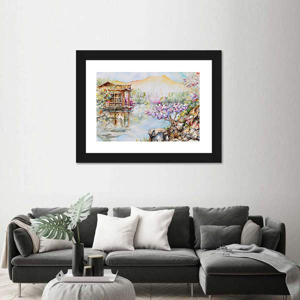 West Lake Stilt House with Pink Blossoms Canvas Wall Art