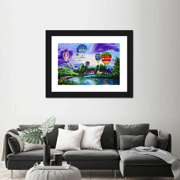 Hot Air Balloons Over River Village Canvas Wall Art