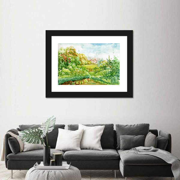 Village Watercolor Landscape with Red-roofed Church Canvas Wall Art