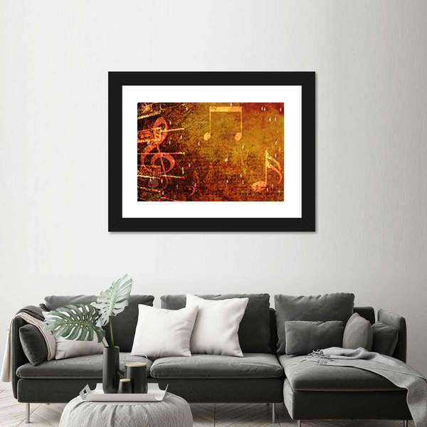 Grunge Music Notes with Golden-orange Glow Canvas Wall Art