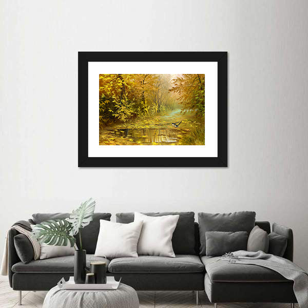Golden Autumn Forest with Reflecting Puddle Canvas Wall Art