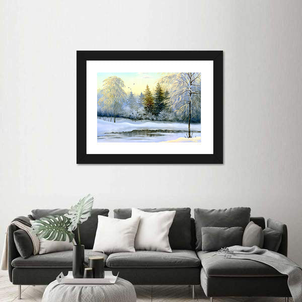 Snow-covered Forest and Frozen River Canvas Wall Art