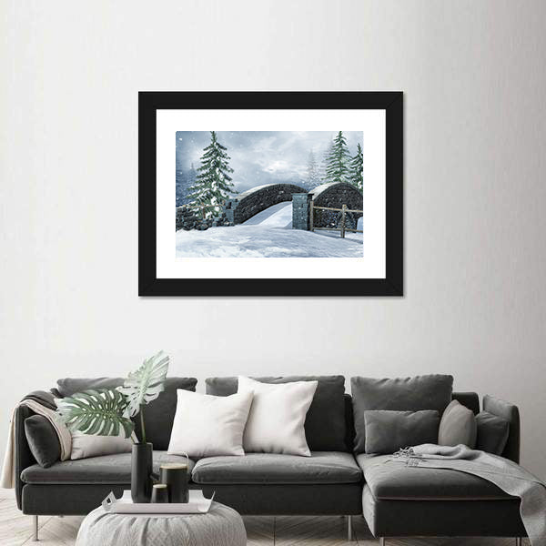Stone Bridge On A Winter Meadow Canvas Wall Art