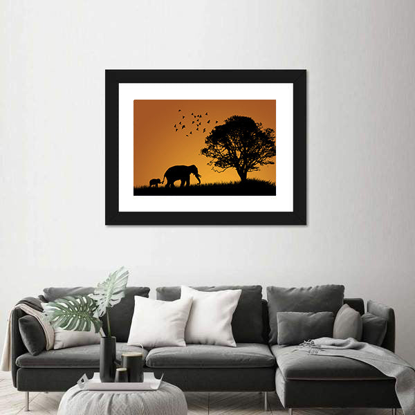 African Elephants In The Sunset Canvas Wall Art