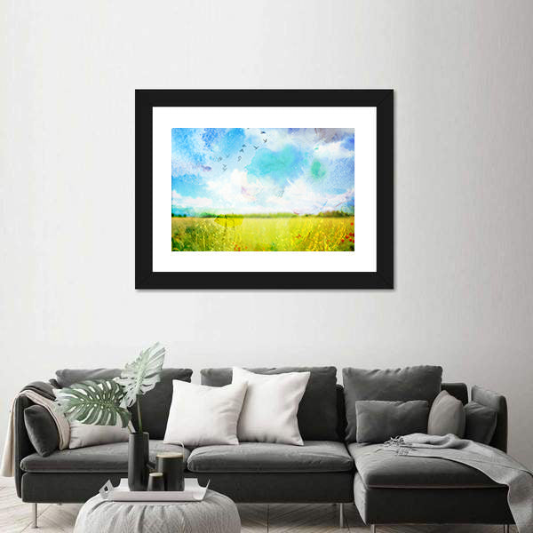 Village Meadow Watercolor Landscape Canvas Wall Art