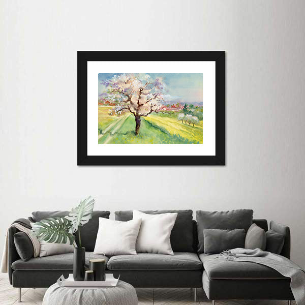 Village Life Watercolor Landscape Canvas Wall Art