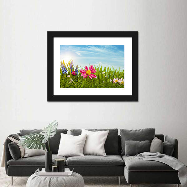 Spring Flowers Under Blue Sky Canvas Wall Art
