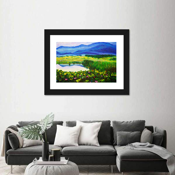 Summer Mountain Lake with Lotus Canvas Wall Art
