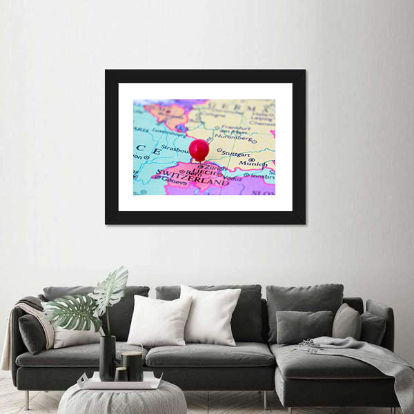 Red Pushpin on Map of Switzerland Canvas Wall Art