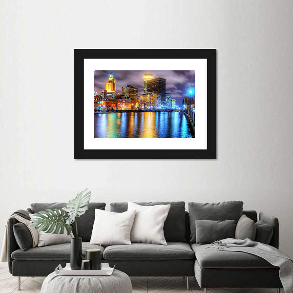 Downtown Providence Skyline with Water Reflections Canvas Wall Art