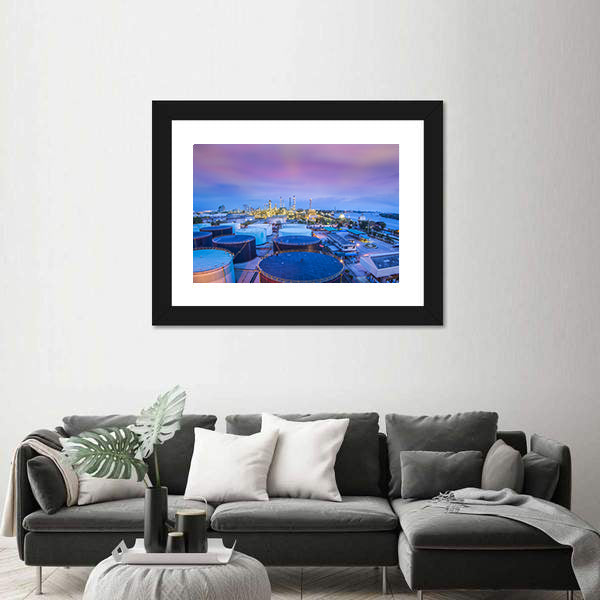 Twilight Oil Refinery with Storage Tanks Canvas Wall Art